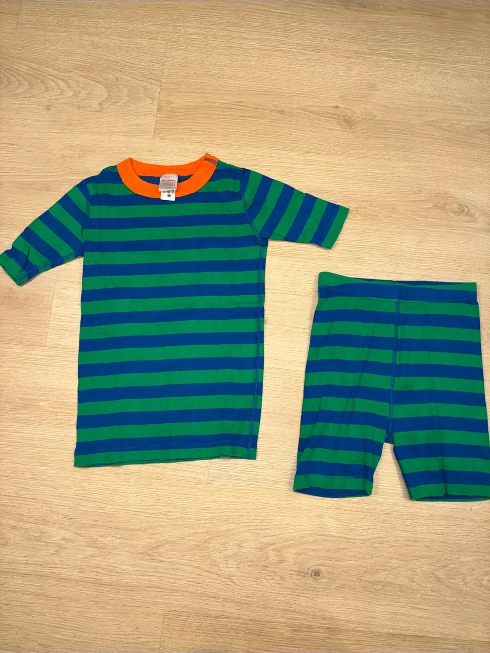 Hanna Andersson Striped Green & Blue Pajama Set with Orange Neck Trim